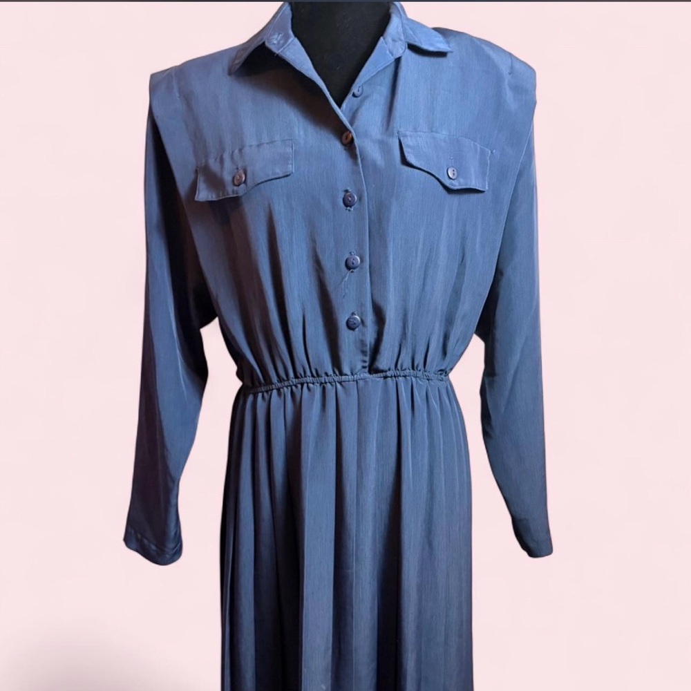 Vintage 80s Navy Blue Leslie Fay Shirt Dress